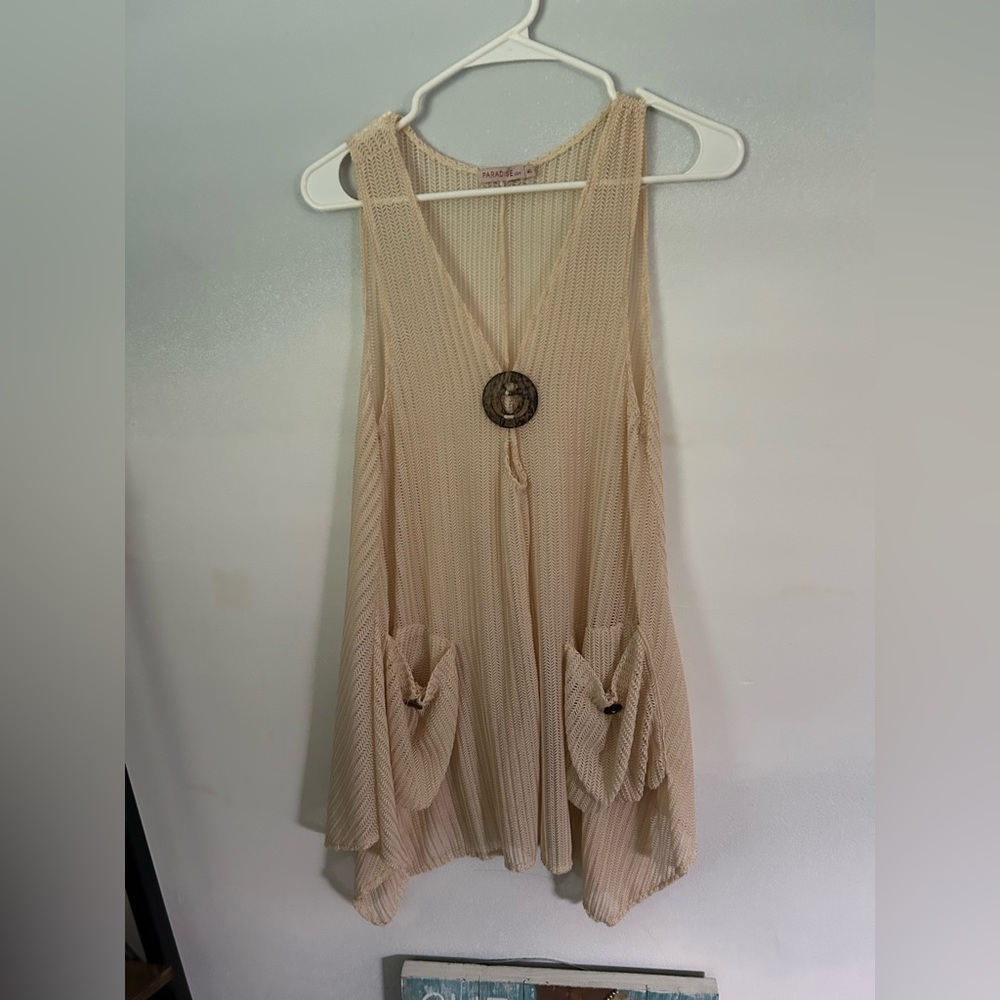Paradise Tan Sleeveless Crochet Swim Coverup with Pendant Detail
